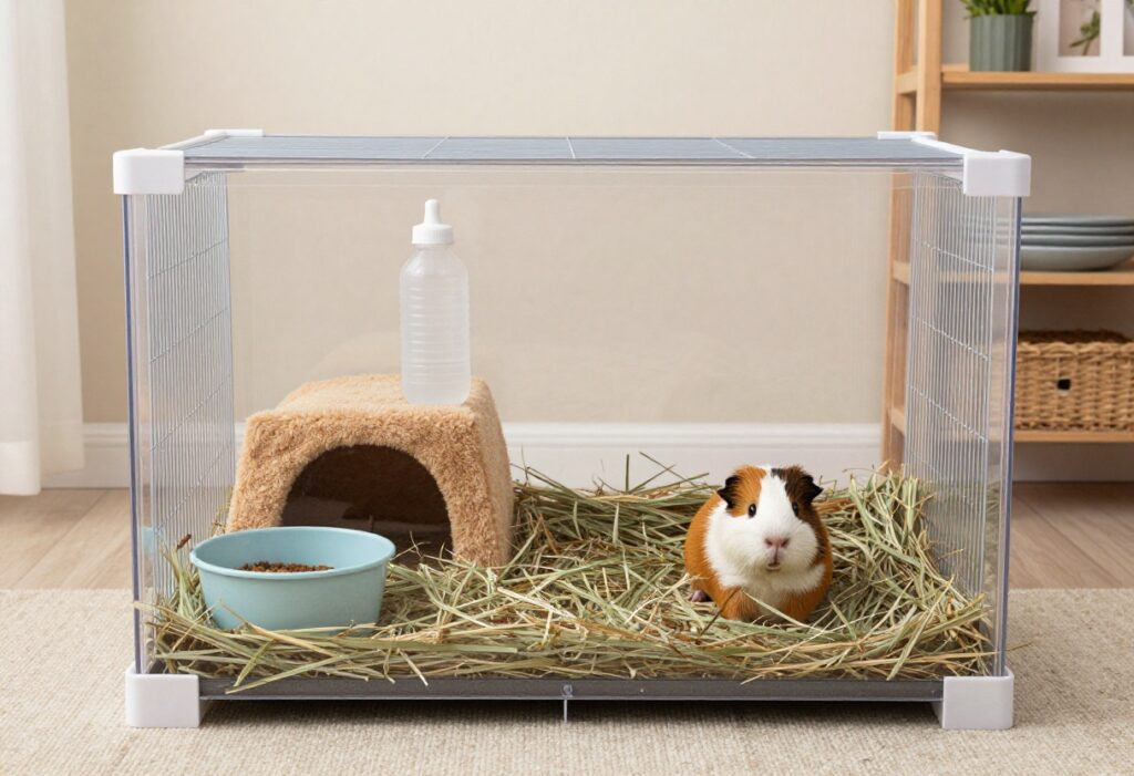 Guinea pig cage setup with fleece liner, hay rack, food bowl, water bottle, and hideout.