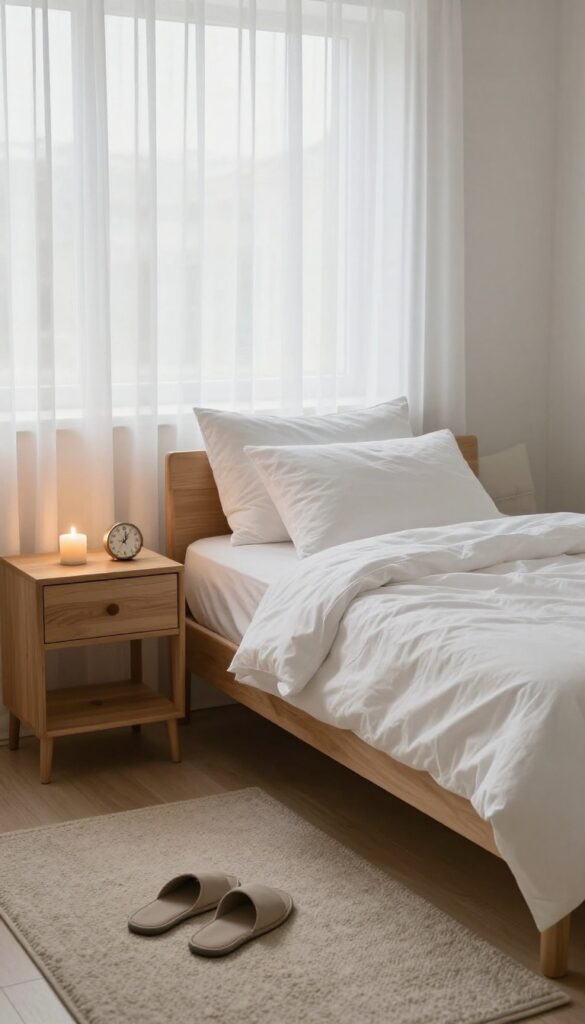A clean, organized bedroom with a made bed, candle, and soft evening light, representing a nightly 10-minute reset routine.