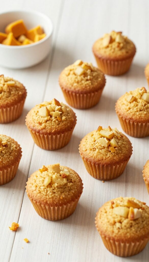 Homemade pumpkin and apple mini muffins for dogs, arranged on a wooden surface with a small dog bowl, soft natural lighting.