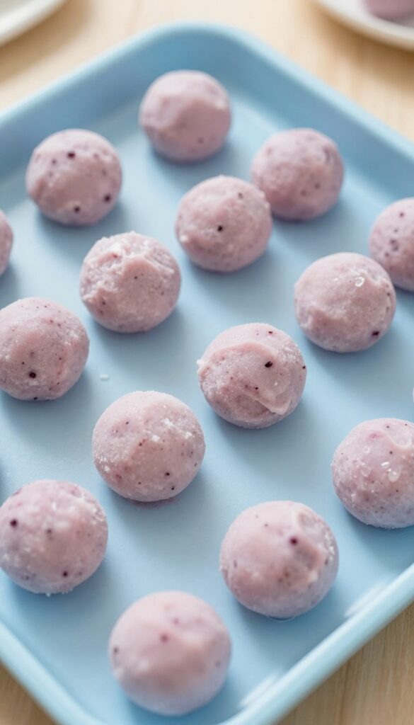 Frozen yogurt and berry dog treat balls on a silicone mold tray, homemade dog snack.