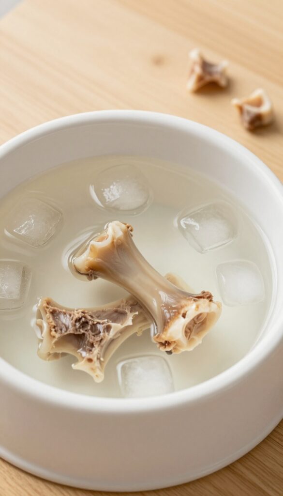 Beef bone broth ice cubes floating in a dog water bowl and on a wooden table, hydration treat for dogs.