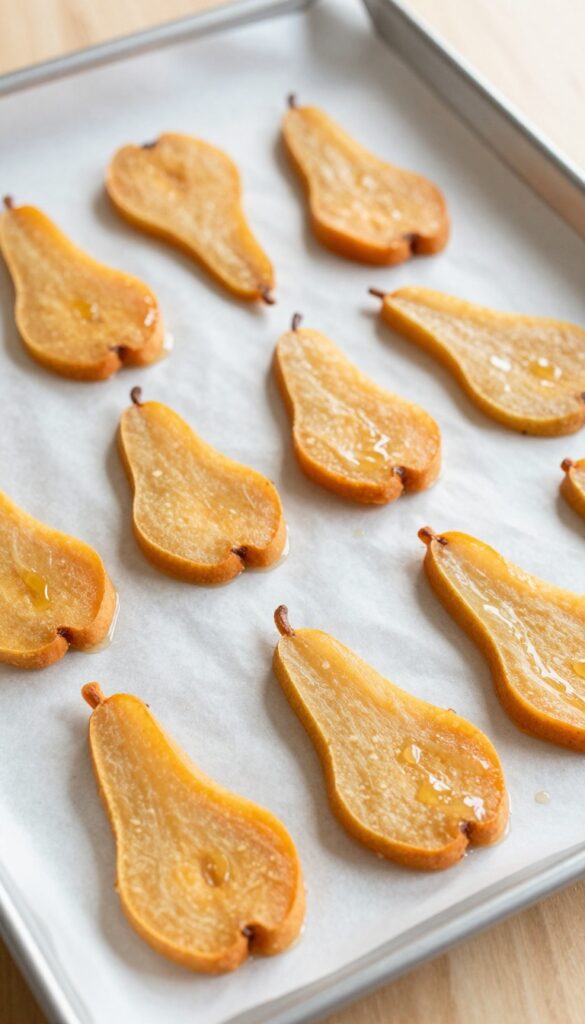 Homemade dog treats: pear and sweet potato chewy strips on a baking sheet