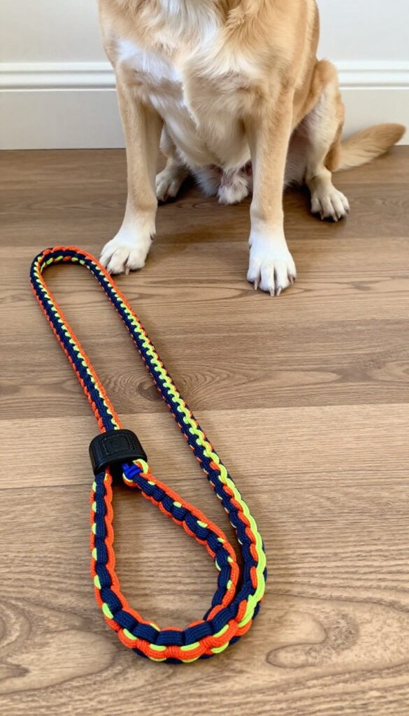 King cobra heavy-duty paracord dog leash on wood surface with a large dog in background