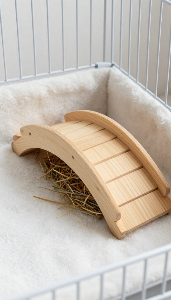 A wooden bridge hideout in a guinea pig cage corner with fleece and hay underneath.