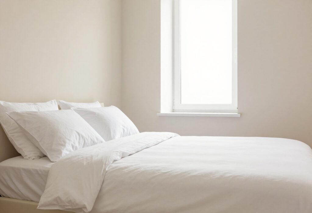 Clean and organized bedroom with made bed and tidy surfaces