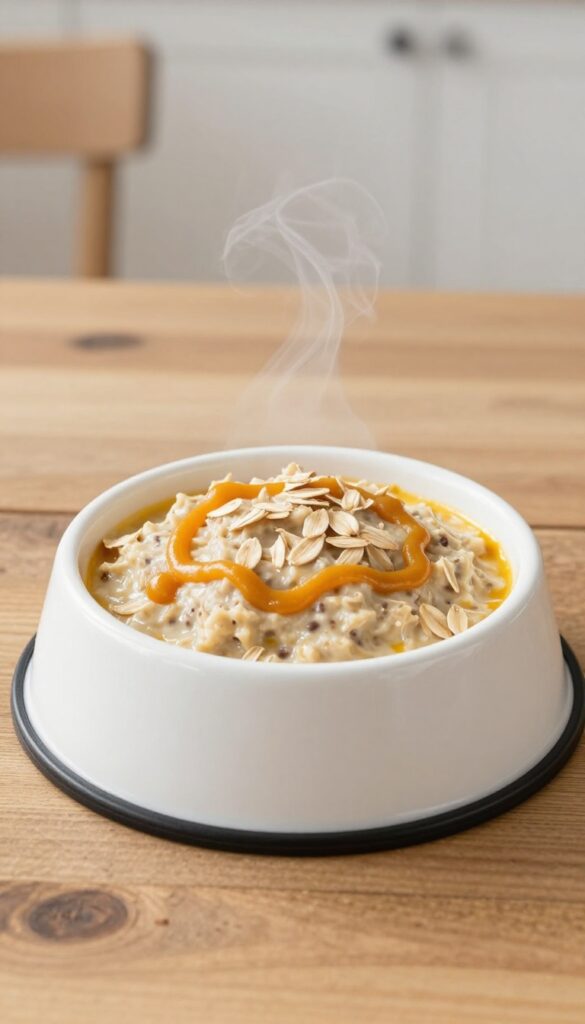 A dog food bowl with butternut squash and oatmeal breakfast, topped with pumpkin puree, on a wooden table in natural light.