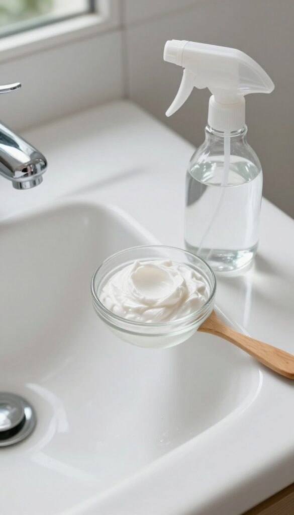 Baking soda paste and vinegar spray on a clean bathroom sink