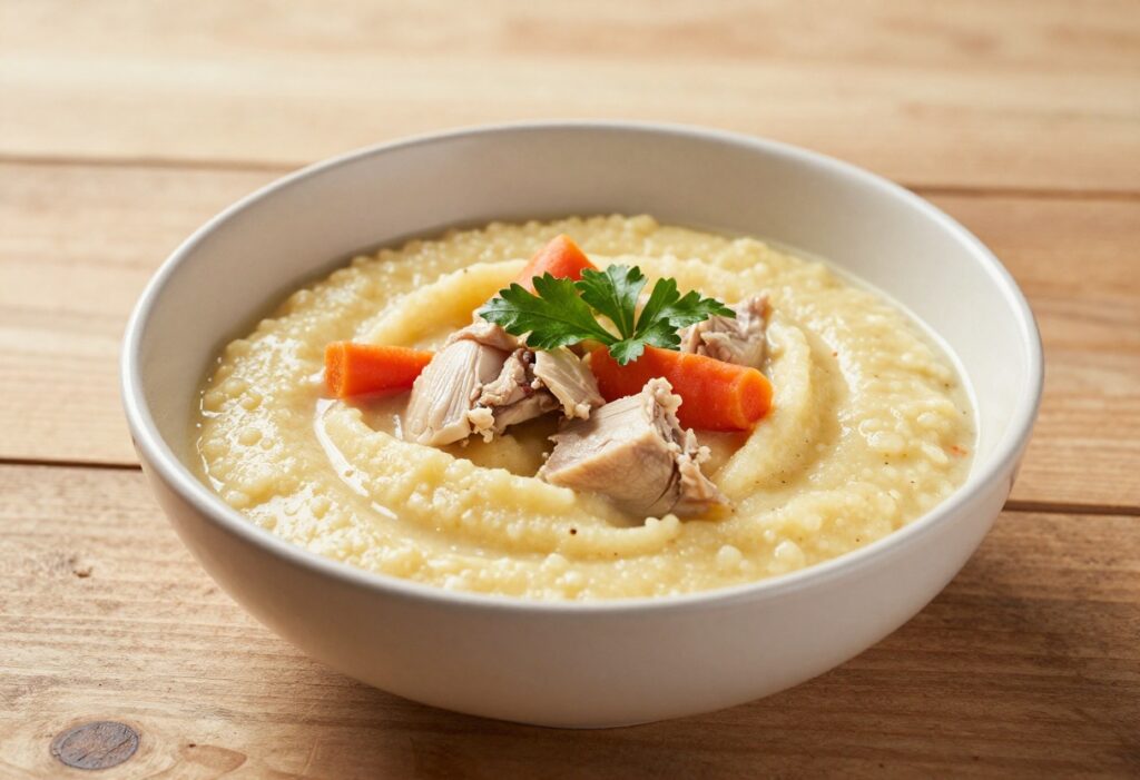 Homemade polenta dog food bowl with chicken and carrot, served in a ceramic bowl on a wooden table.