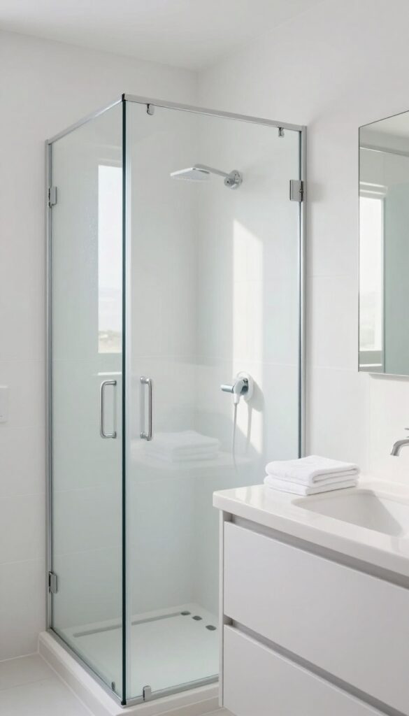 Clean bathroom with squeegee and spotless mirror after shower