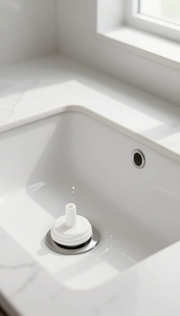White plunger on a bathroom sink drain with water, natural light, clean minimalist bathroom.
