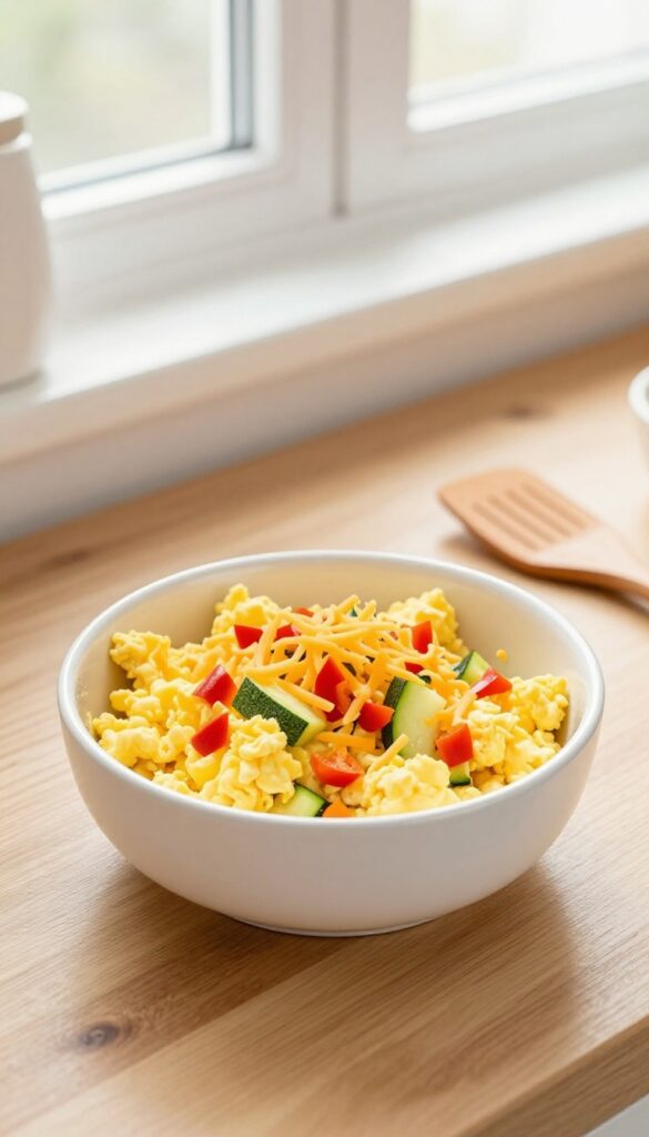 Homemade dog food scramble with eggs, bell peppers, zucchini, and cheese in a dog bowl.