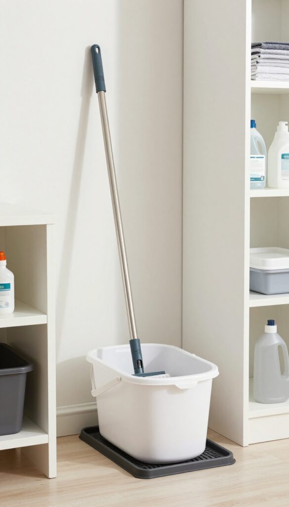 A mop and bucket station in a bright cleaning closet with a wall-mounted mop holder, bucket on a drip tray, and organized shelves.