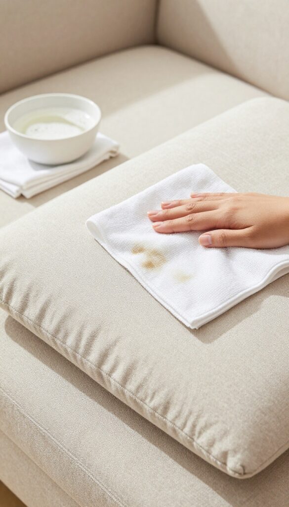 Cleaning a microfiber couch with a gentle soap solution using a damp cloth