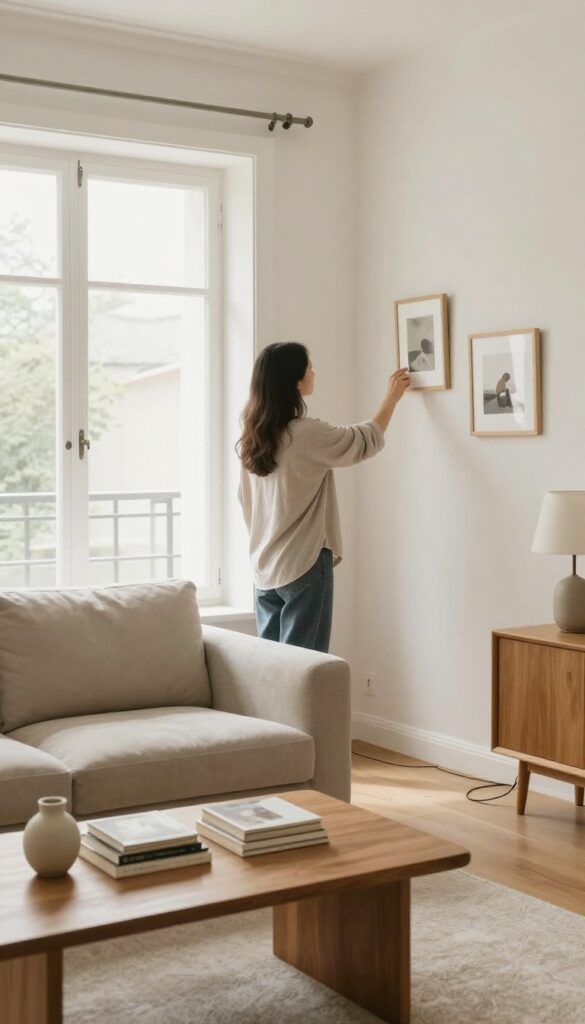 Person standing at doorway scanning a clean, bright living room with subtle adjustments like fixing a crooked picture frame.