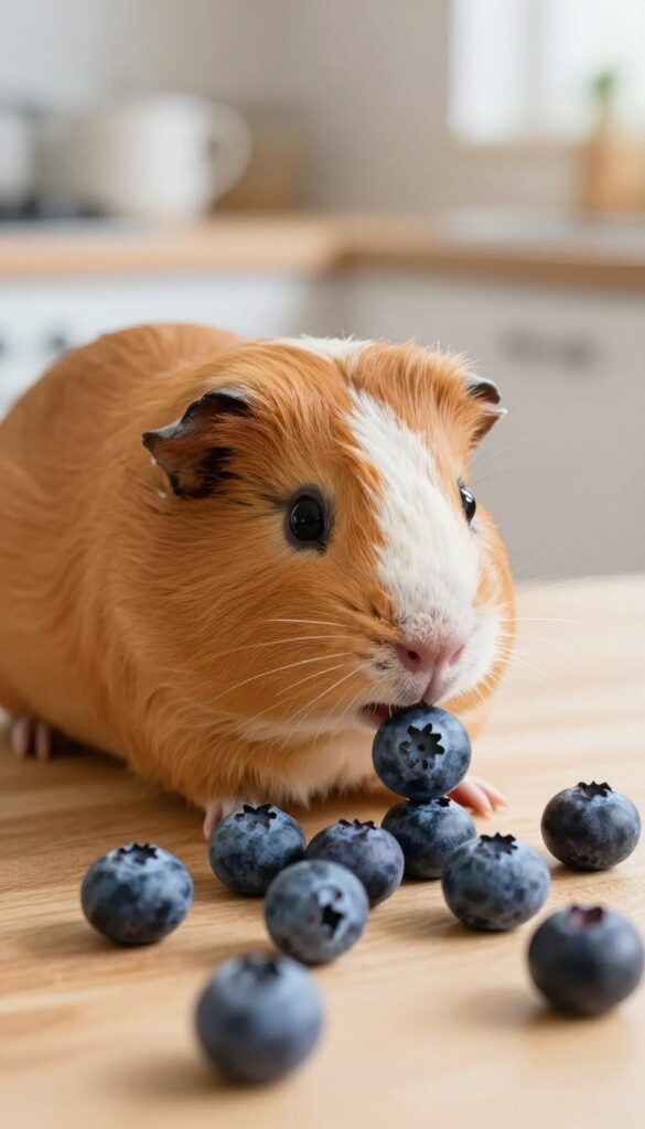 Guinea pig eating fresh blueberries on a wooden surface