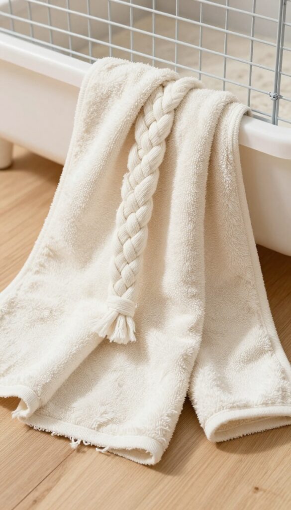 Braided towel tug toy for guinea pigs made from old cotton fabric, resting on a wooden floor near a cage.