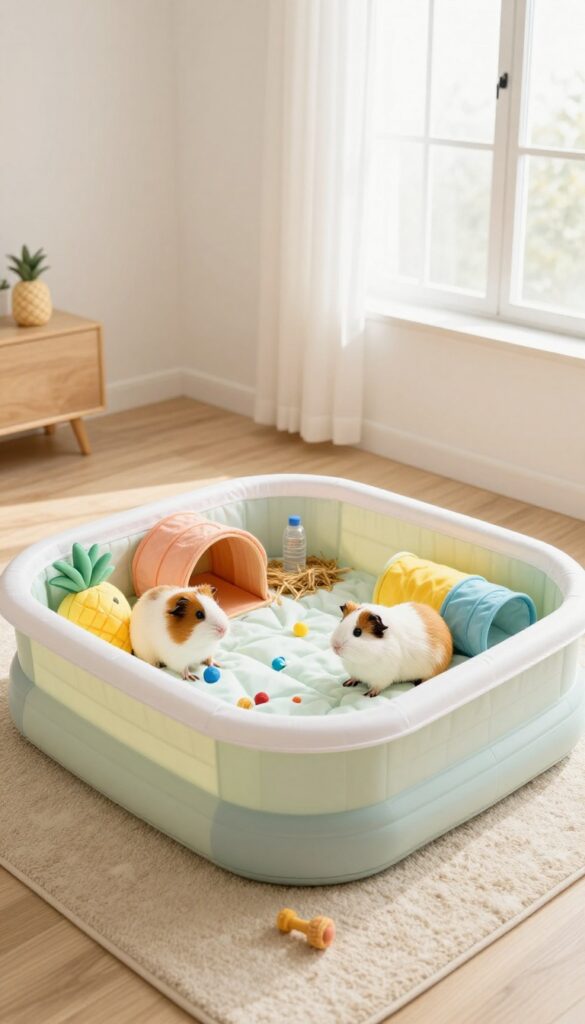 Guinea pigs in a kiddie pool floor pen with fleece bedding, tunnels, and toys in a bright living room.