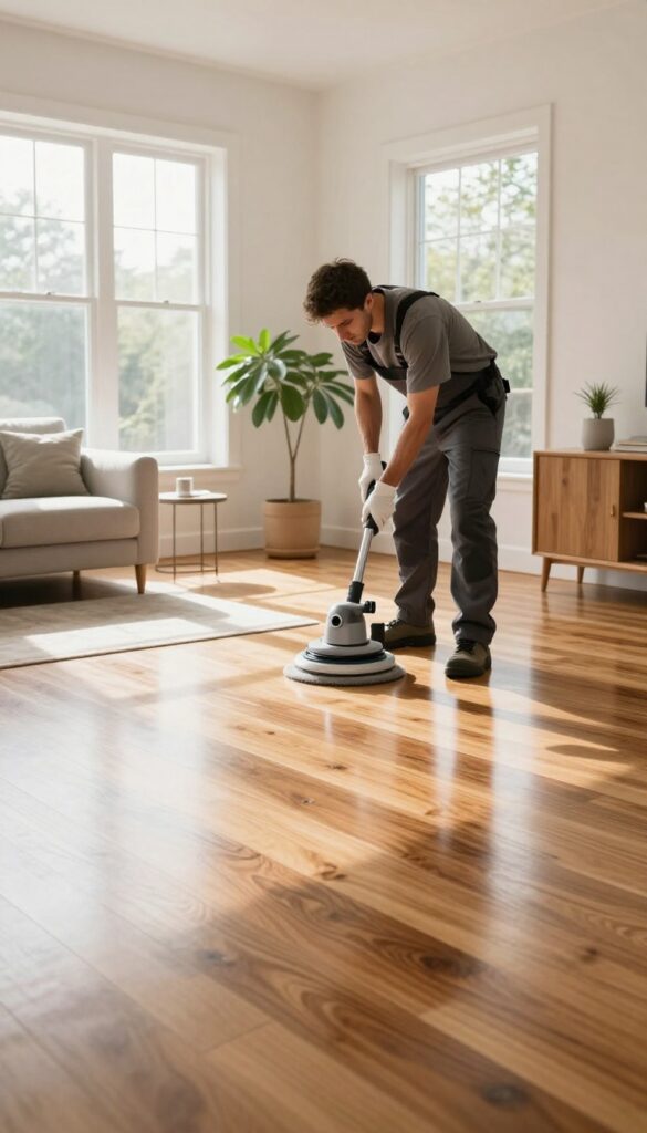 Professional hardwood floor maintenance with industrial buffer in bright living room