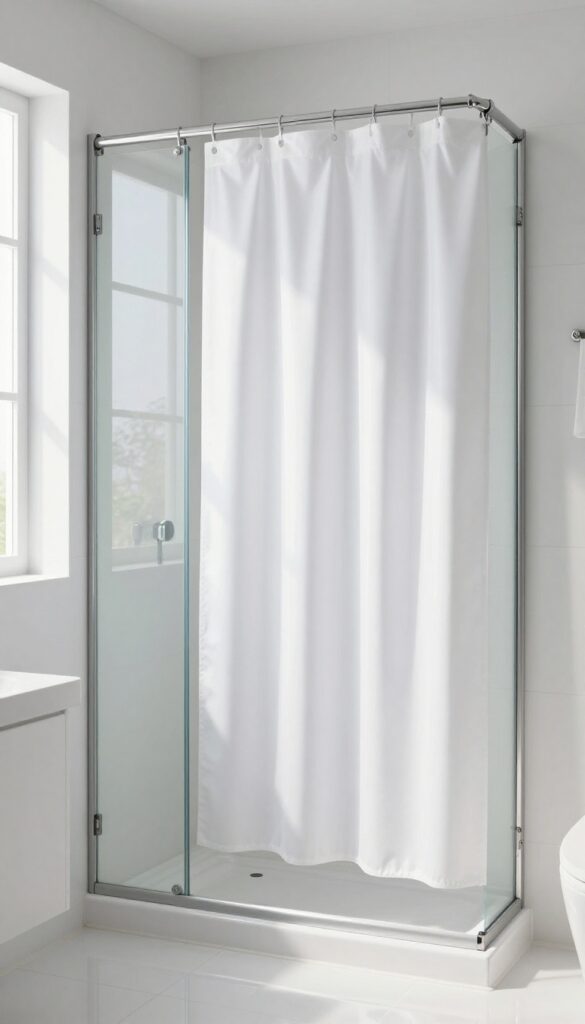 A clean white bathroom with a freshly washed shower curtain being hung up, bright natural light, no text.