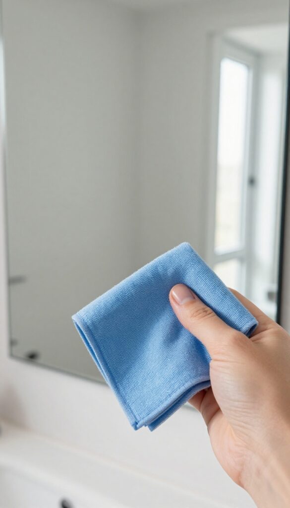 Hand holding a blue microfiber cloth against a clean, streak-free mirror in a bright bathroom.