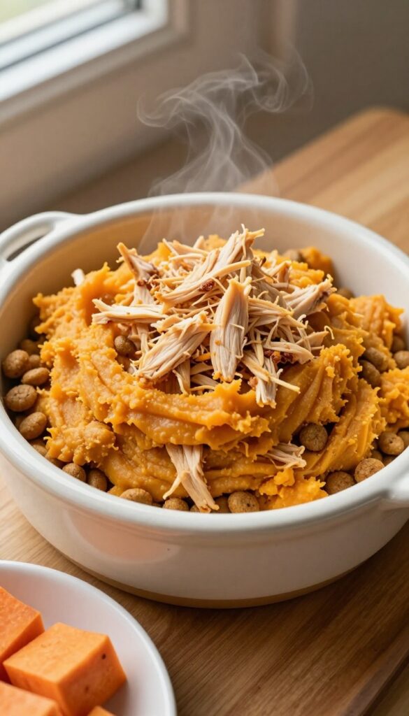 Dog kibble topped with shredded chicken and sweet potato mash in a ceramic bowl, with ingredients nearby.