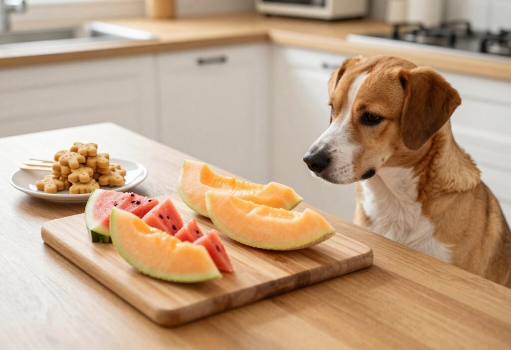 Fresh melon slices and homemade dog treats on a cutting board with a dog watching