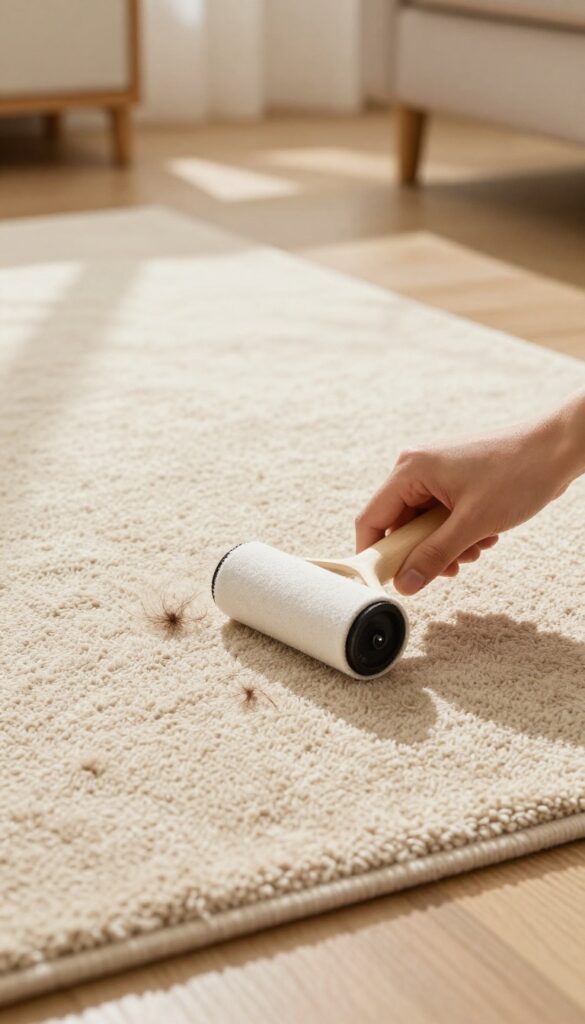 Lint roller being used on a low-pile rug to pick up pet hair and dust in a bright living room