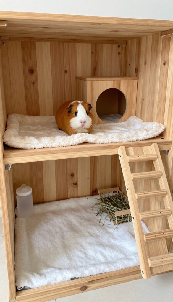 Guinea pig enclosure with a practical wooden balcony, ramp, hideout, and fleece bedding in bright natural light.