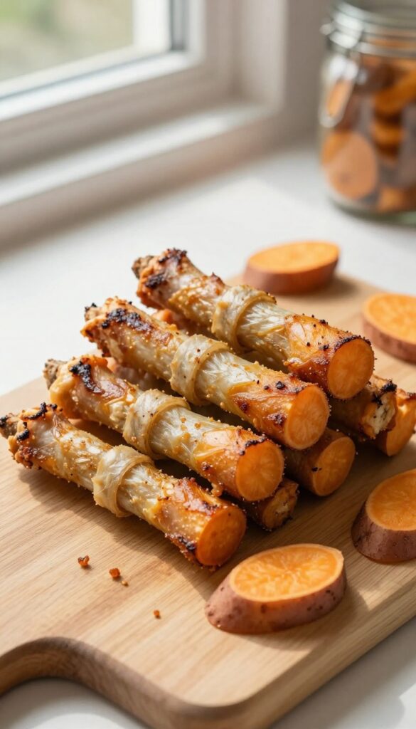 Homemade chicken and sweet potato dog chews arranged on a wooden board, natural lighting, photorealistic pet food photography.