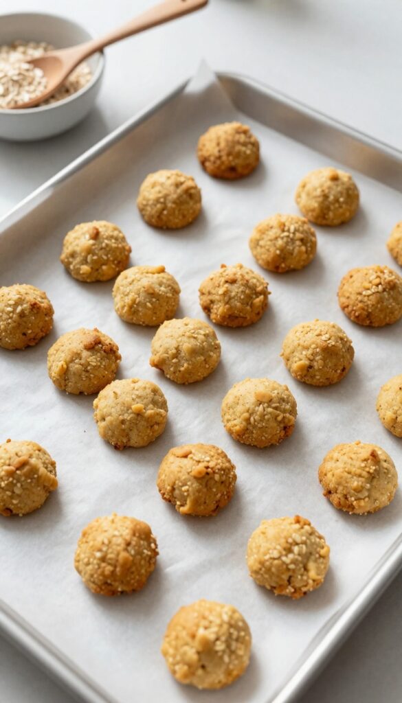 Baked chicken gizzard crunchies for dogs, small round treats on a parchment-lined baking sheet in natural light.