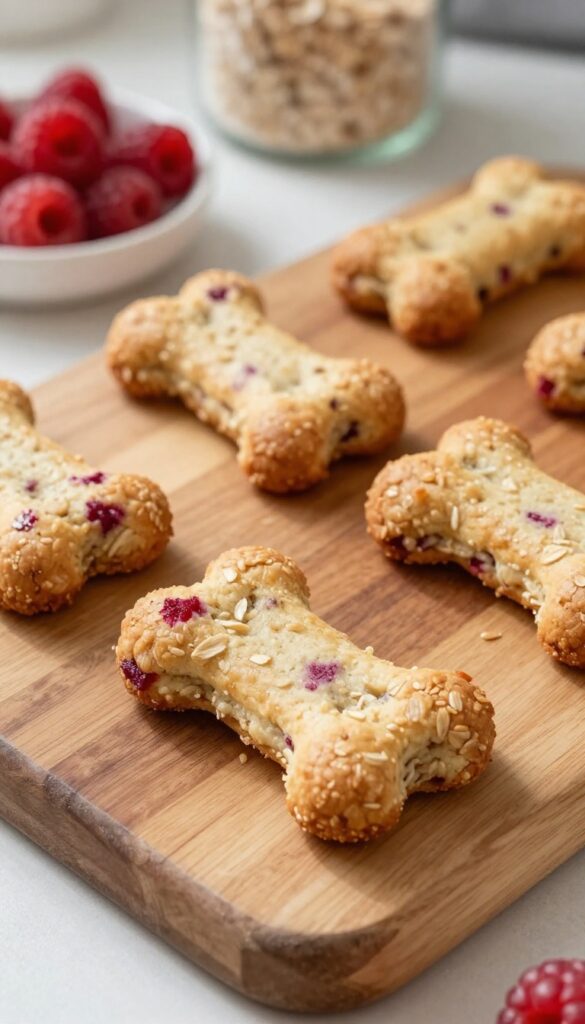 Homemade raspberry oatmeal dog biscuits in bone and paw shapes on a wooden board, with a bowl of treats and baking ingredients in the background.