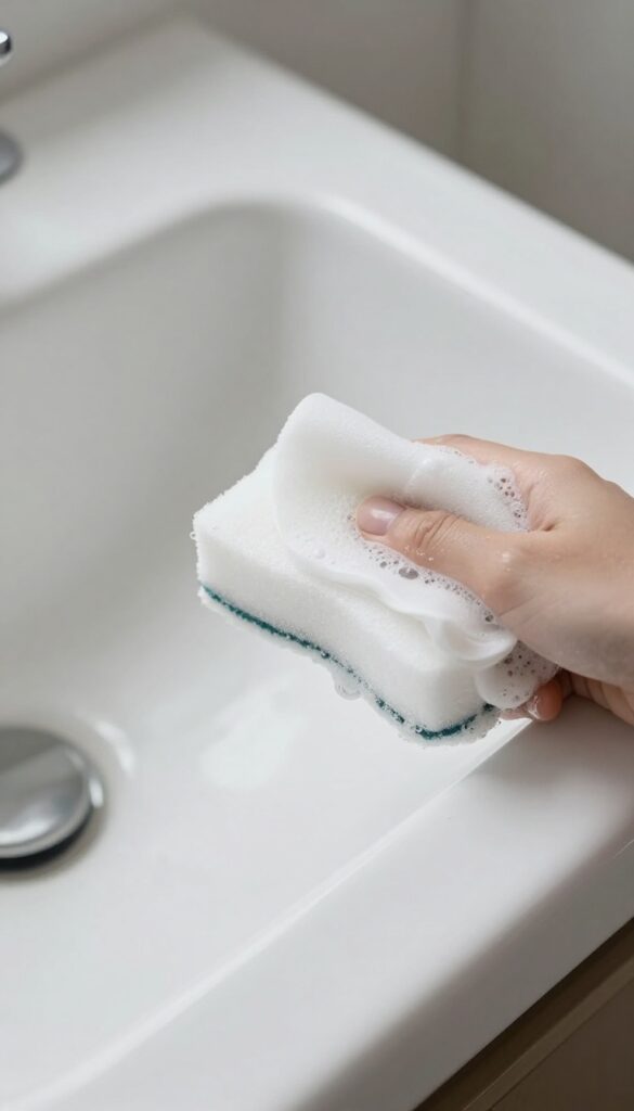 A magic eraser sponge cleaning a tough soap scum stain on a white ceramic sink.