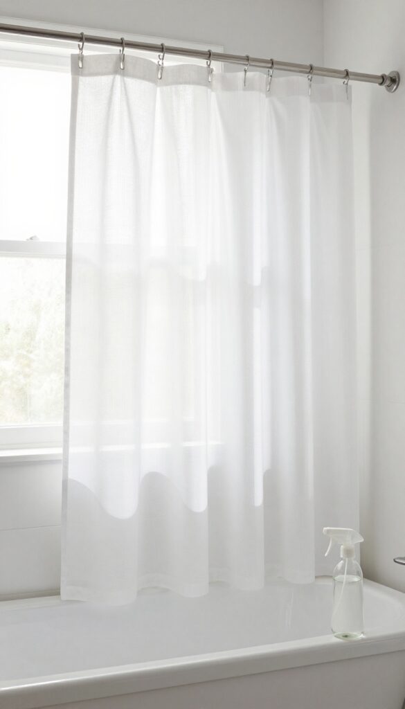 Freshly washed white fabric shower curtain and clear plastic liner hanging in a bright bathroom with natural light and a vinegar spray bottle on the tub edge.