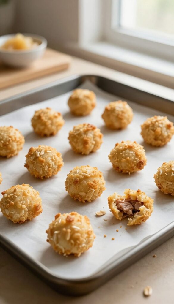 Homemade pork and apple dog food nuggets baked golden brown on a parchment-lined baking sheet, with a bowl of applesauce nearby, natural light, rustic kitchen setting.