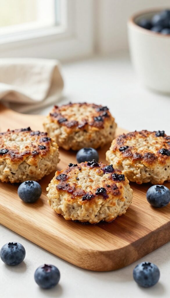 Homemade lamb and blueberry dog patties arranged on a wooden platter with fresh blueberries, baked golden brown, dog-safe treat.