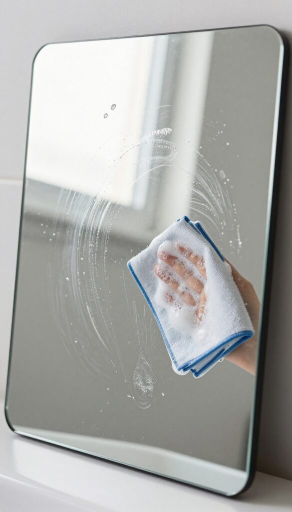 Cleaning a greasy kitchen mirror with dish soap and water using a soft cloth, showing a streak-free shine.