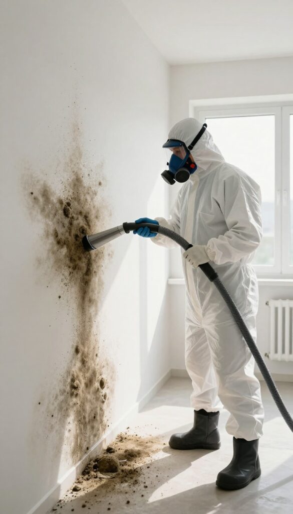 Professional mold remediation specialist in protective gear cleaning a large mold patch on a wall with HEPA vacuum.