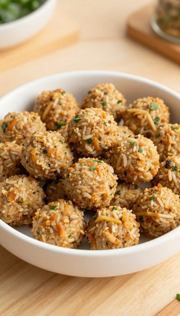Small homemade chicken and rice meatballs for dogs in a white bowl on a wooden table.