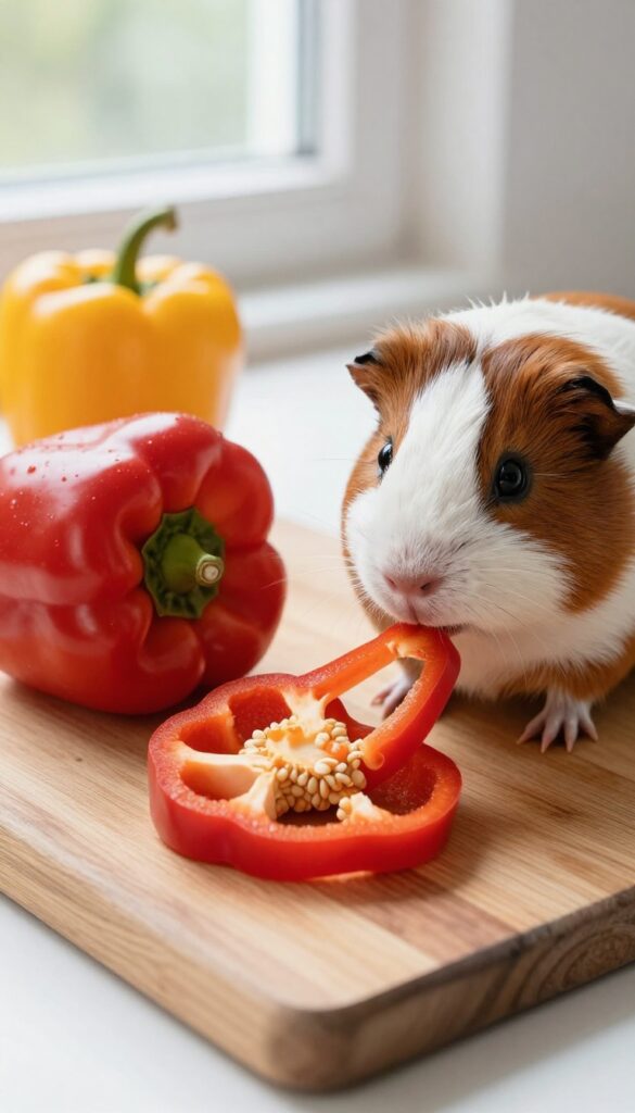 Guinea pig eating a red bell pepper strip on a wooden cutting board with whole peppers nearby.