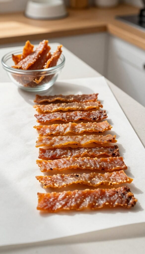 Homemade chicken and rice jerky strips for dogs, arranged on a baking sheet in natural light.