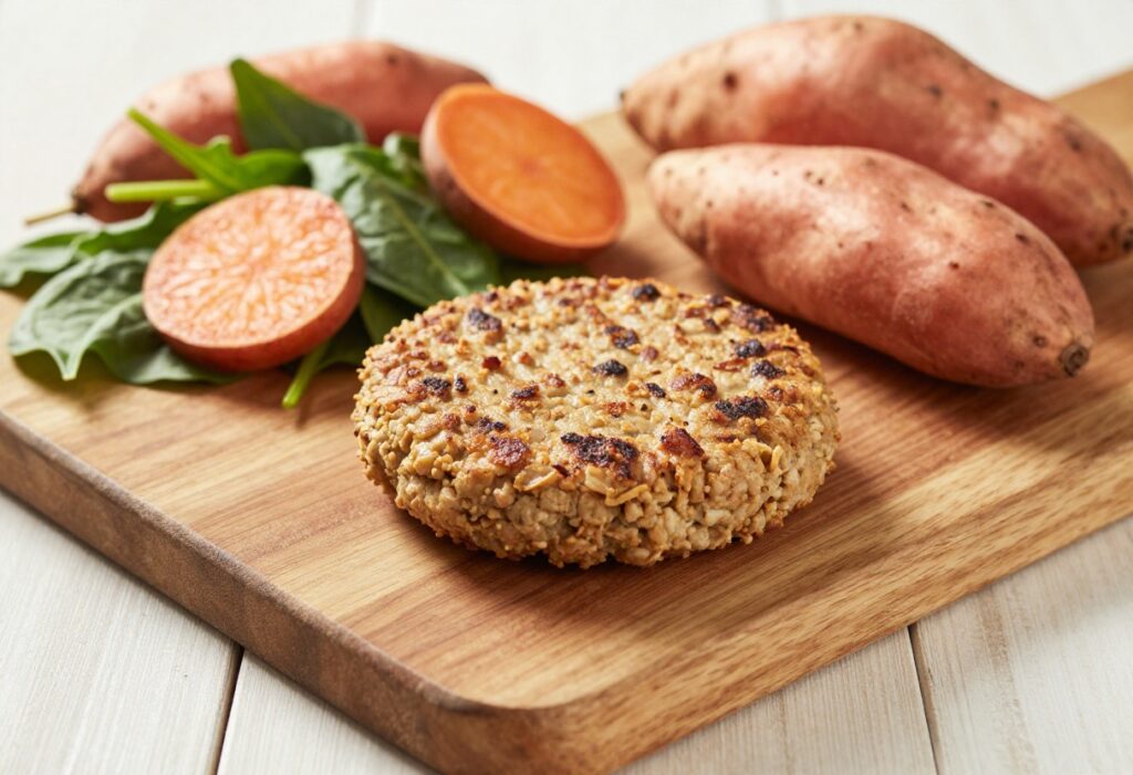 Homemade dog burger patty on a wooden board with sweet potatoes and spinach, cozy dog food photography