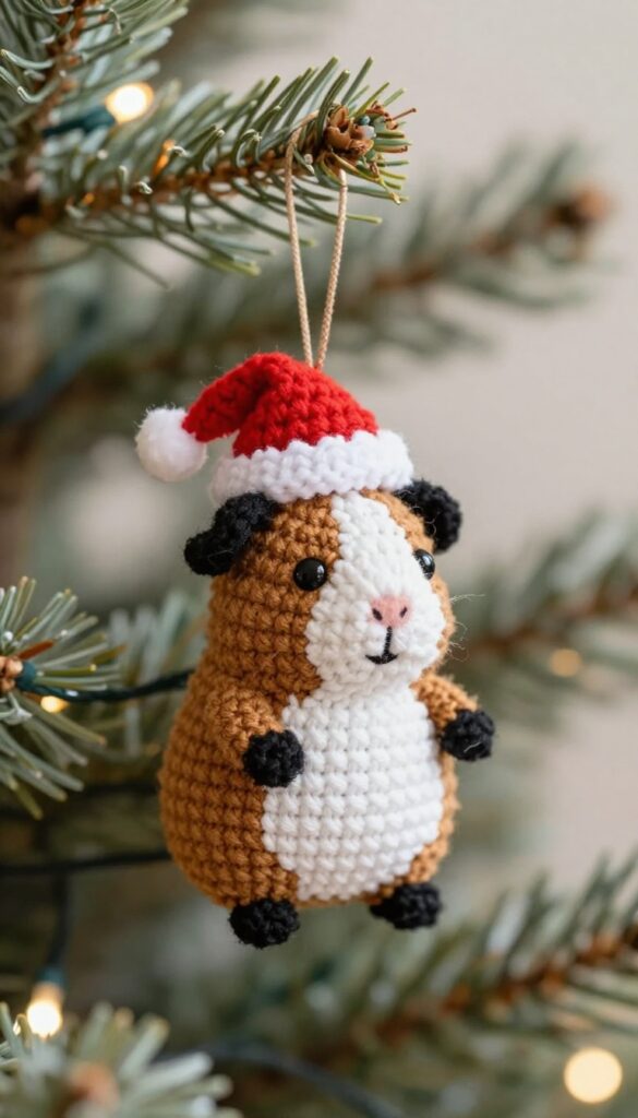 Crochet guinea pig ornament with Santa hat on a Christmas tree