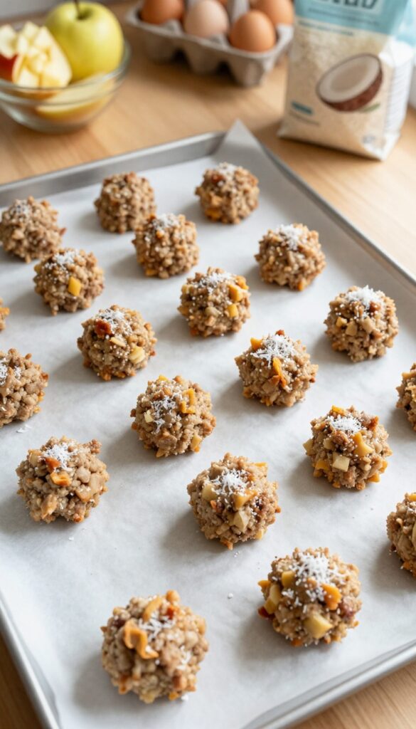 Homemade pork and apple training treats for dogs on a baking sheet, baked golden brown, with coconut flour and apple ingredients nearby.