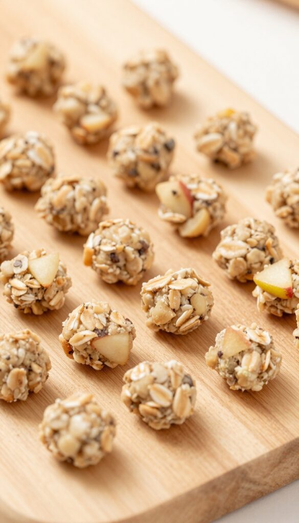Homemade apple cinnamon oat balls for dogs on a snuffle mat, soft dog treat enrichment idea.