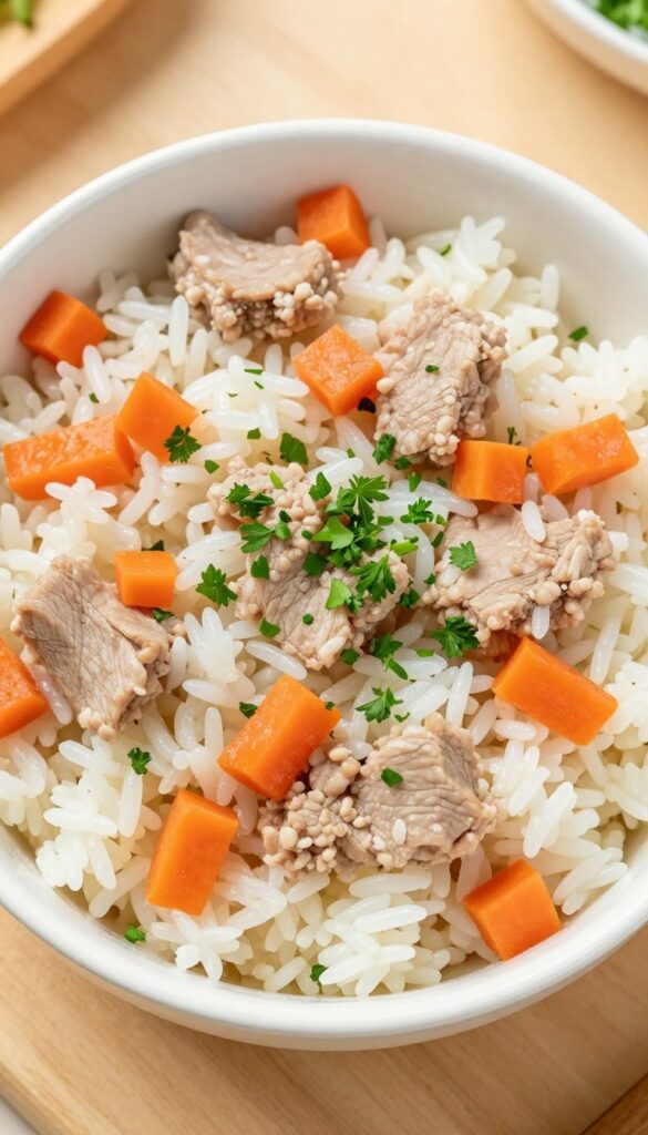 Dog bowl with boiled pork, white rice, and carrots, garnished with parsley, on a wooden surface in natural light.