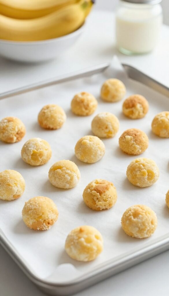 Homemade kefir and banana soft chews for dogs on a baking sheet, golden brown and textured, with ingredients in the background.