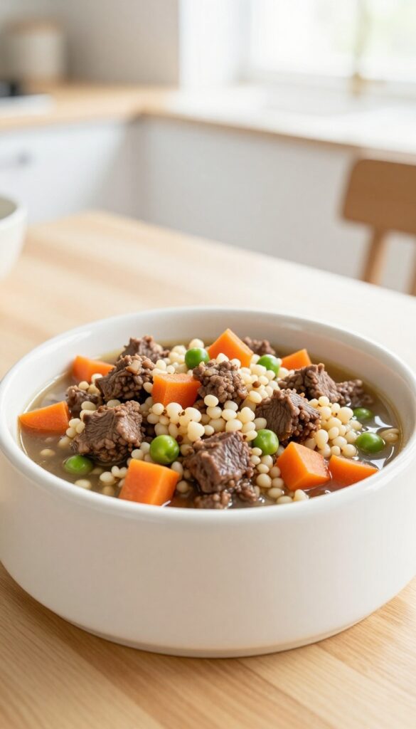 Homemade beef and barley stew for dogs in a ceramic bowl, with carrots and peas, on a wooden table in natural light.