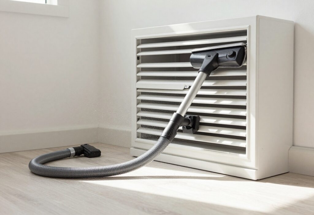 Air duct cleaning with vacuum hose inserted into a vent in a bright home interior