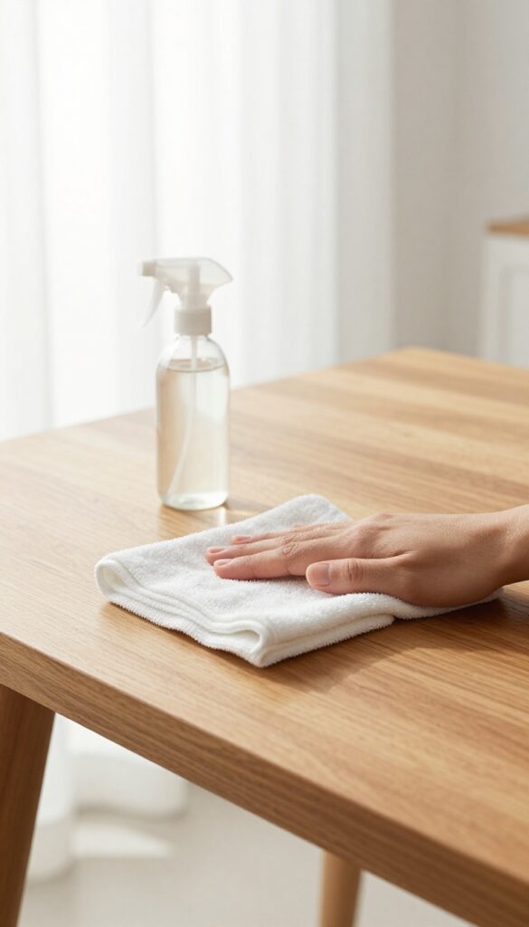 Cleaning a wooden table with a vinegar and water solution using a soft cloth