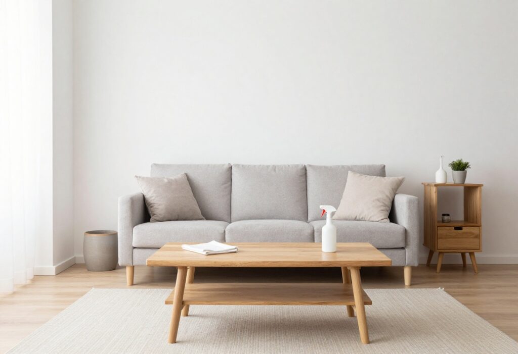 Furniture cleaning supplies on a wooden coffee table in a bright living room